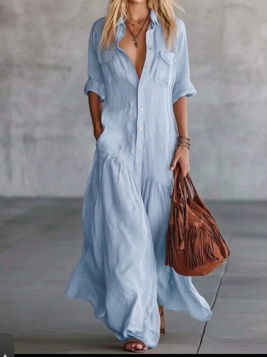 Dresses & Skirts - Light Blue Button-Front Maxi Shirt Dress
